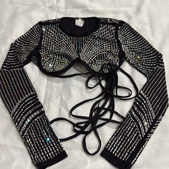 (A5) BAJUL Sheer Crop Top with Rhinestones and Trim, Size M - Picture 7 of 10